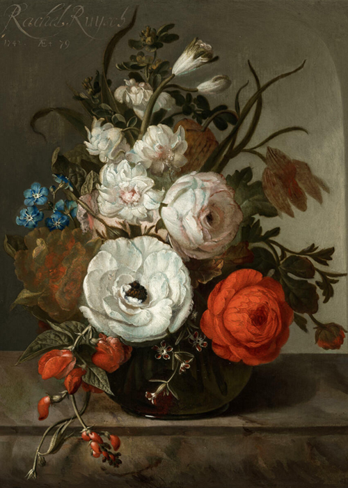 Rachel Ruysch, A Still Life of Flowers in a Glass Vase on a Marble Table before a Niche, 1742