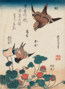 Katsushika Hokusai - Shrike and Bluebird with Begonia and Wild Strawberry, about 1834