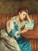 Mary Cassatt - Mrs. Duffee Seated on a Striped Sofa, Reading, 1876