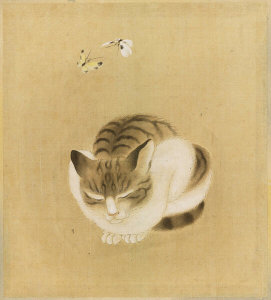 Artist Unknown, Japanese - Sleeping Cat and Butterflies, first half of the 19th century