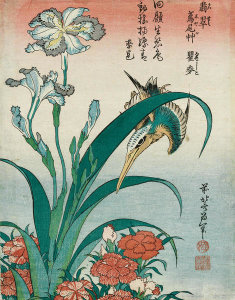 Katsushika Hokusai - Kingfisher with Iris and Wild Pinks, about 1834 
