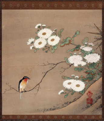 Kano Yosetsu - Flycatcher and Chrysanthemums, 16th century